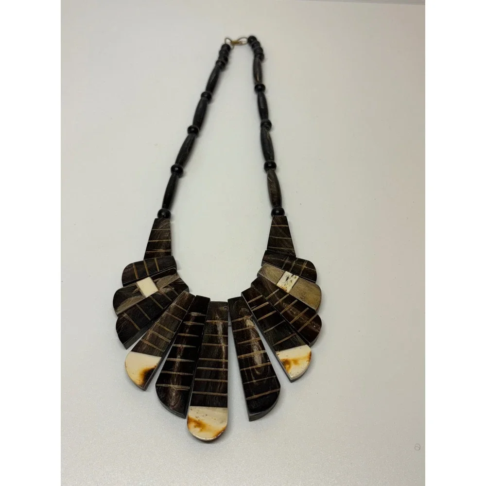 Vintage Style Handcrafted Wood Horn Bone Bib Statement Necklace Brown Cream